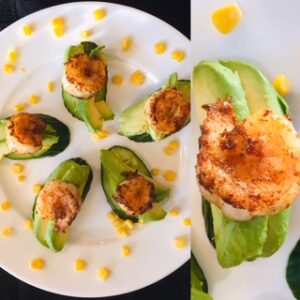 healthy-southwest-shrimp-avocado-cucumber-bites-on-plate-with-corn-garnish