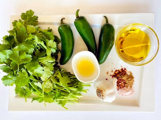 Zhoug-Cilantro-Jalapeno-Sauce-ingredients-on-plate
