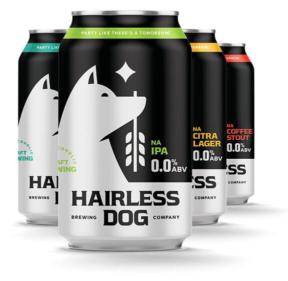 hairless dog brewing company four different flavor cans of non alcoholic beer
