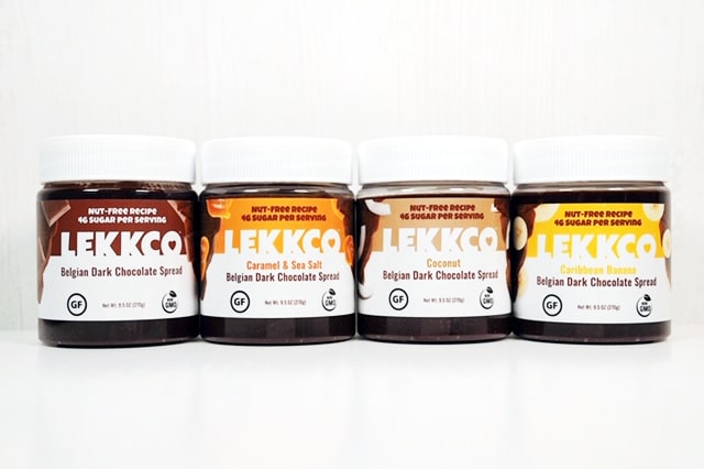 4 jars of different flavors of lekko chocolate spread