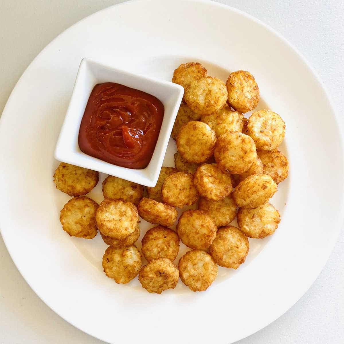 air fryer frozen tater tots on white plate with dish of ketchup