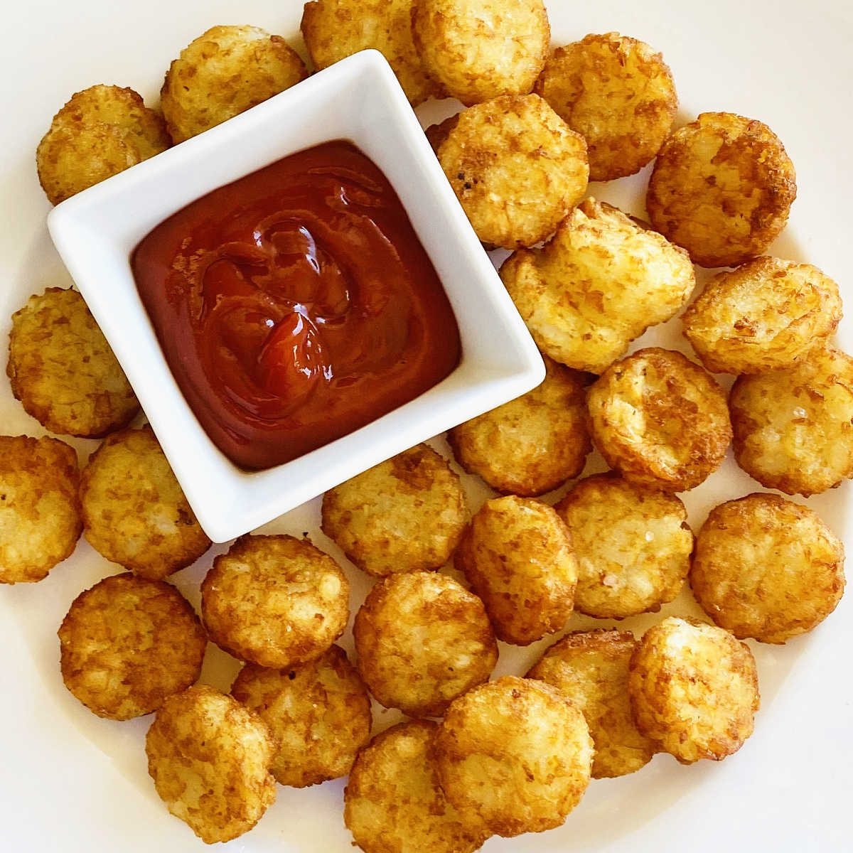 air fryer tater tots on white plate with dish of ketchup