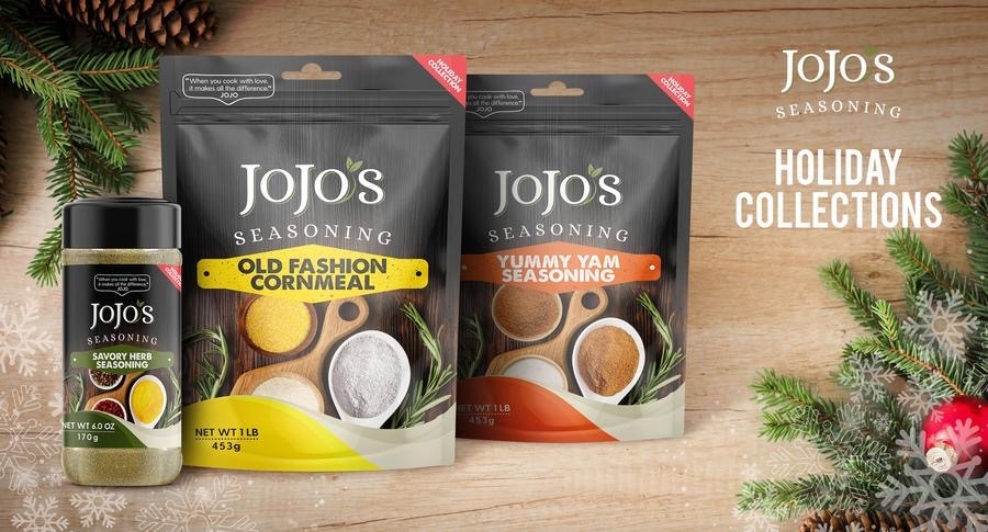 2 bags and 1 cannister of JoJo's seasoning, savory herb, old fashioned cornmeal and yummy yam seasoning