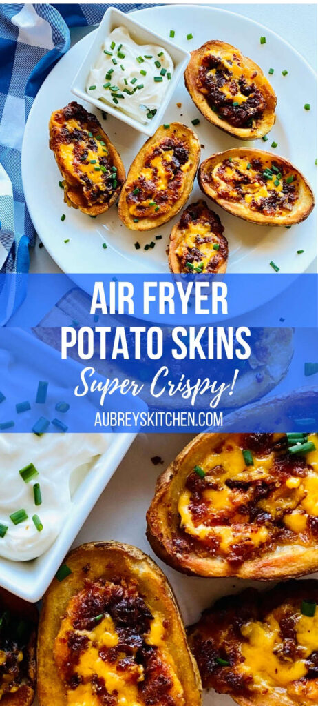 air fryer potato skins on plate next to sour cream