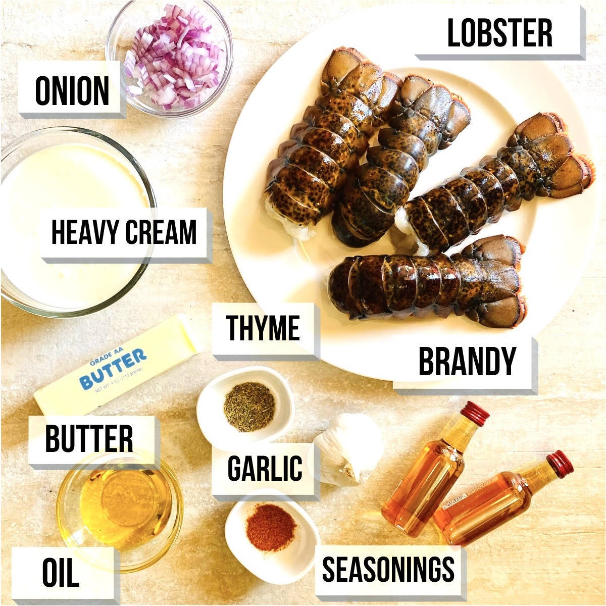 labeled photo of individual ingredients to make lobster ravioli cream sauce
