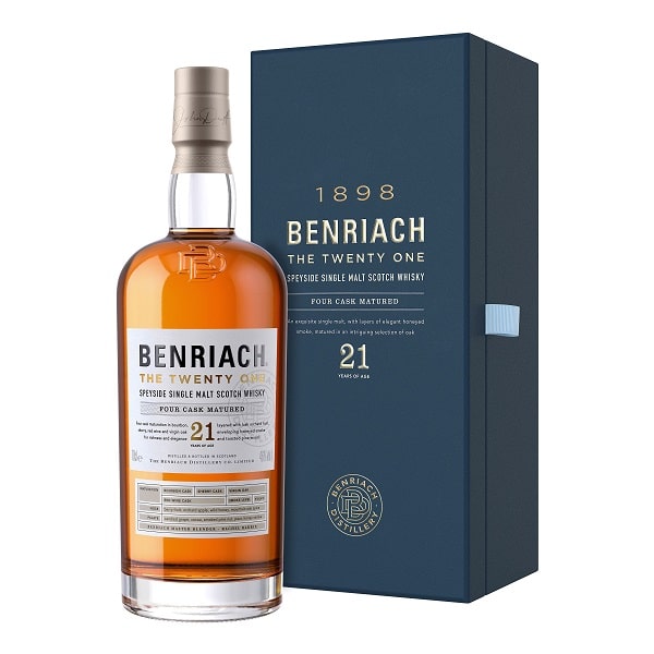 bottle of Benriach malt scotch whiskey next to box