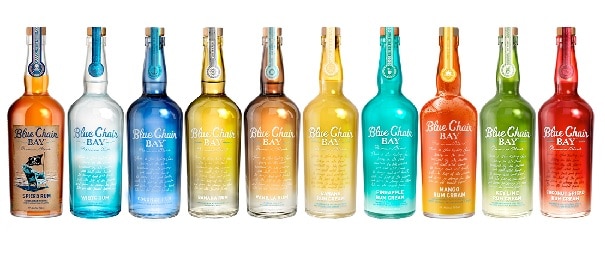 10 flavors of blue chair bay rum bottles in a line