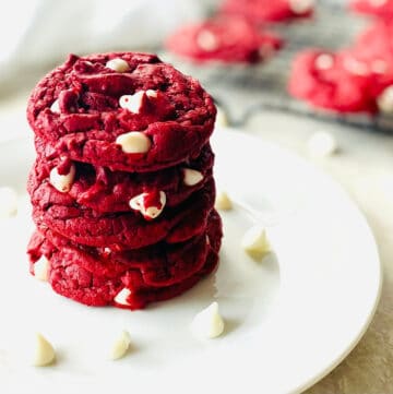 duncan hines cake mix cookies red velvet flavor on a plate in stack