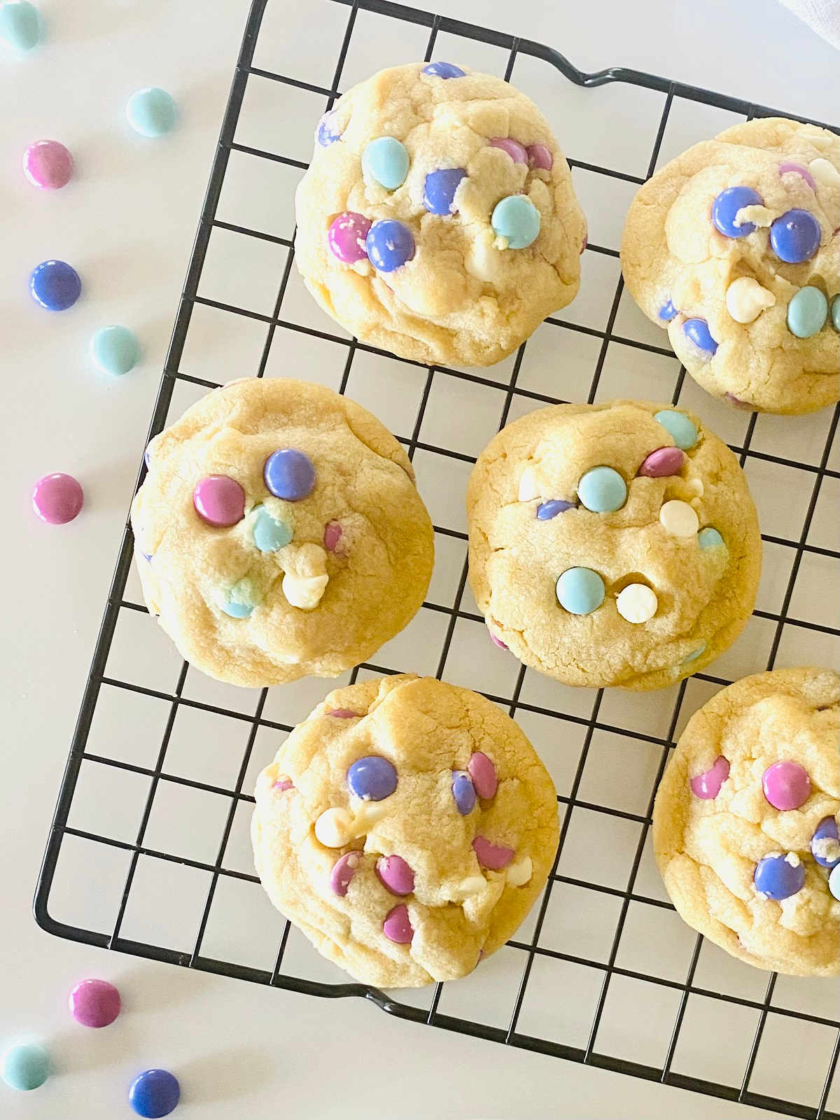 easter m and m cookies on a cooling rack