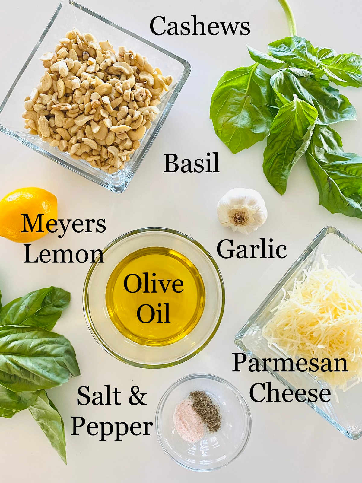 labeled photo of ingredients to make pesto with cashews