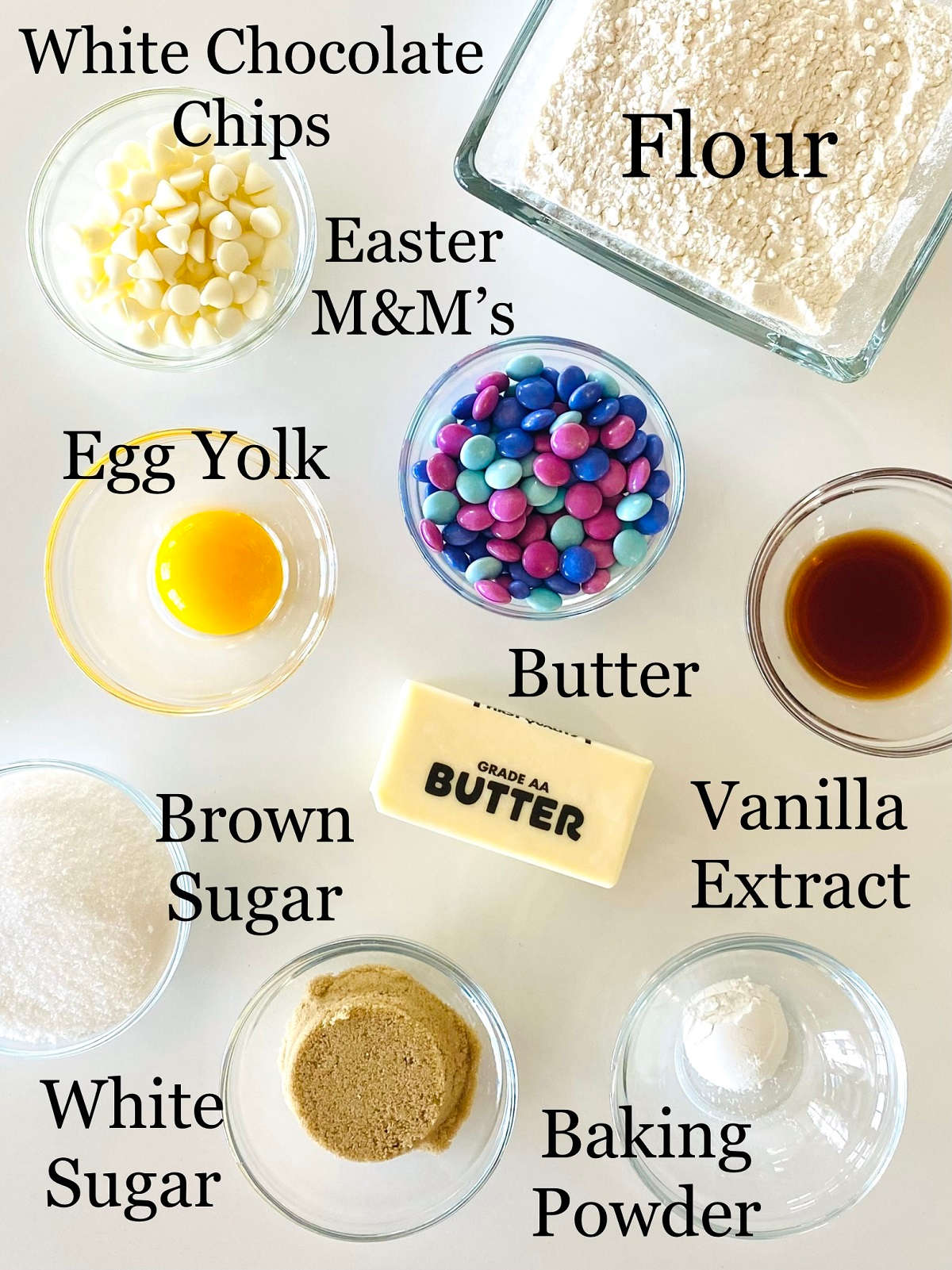 labelled photo of ingredients to make Easter cookies