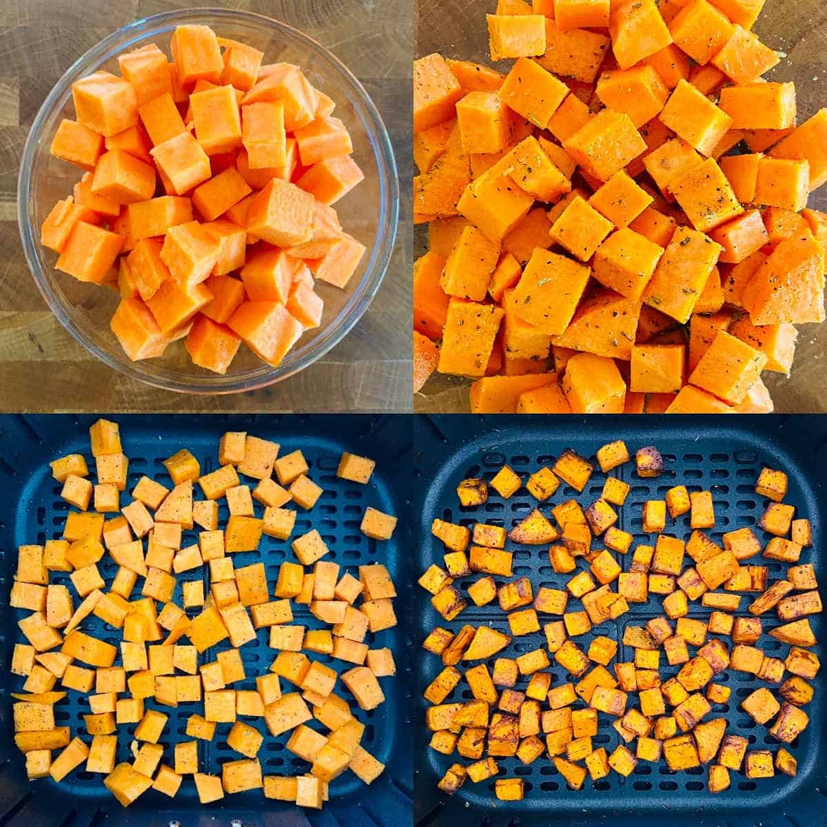 process shots 1 through 4 to make air fryer sweet potato cubes