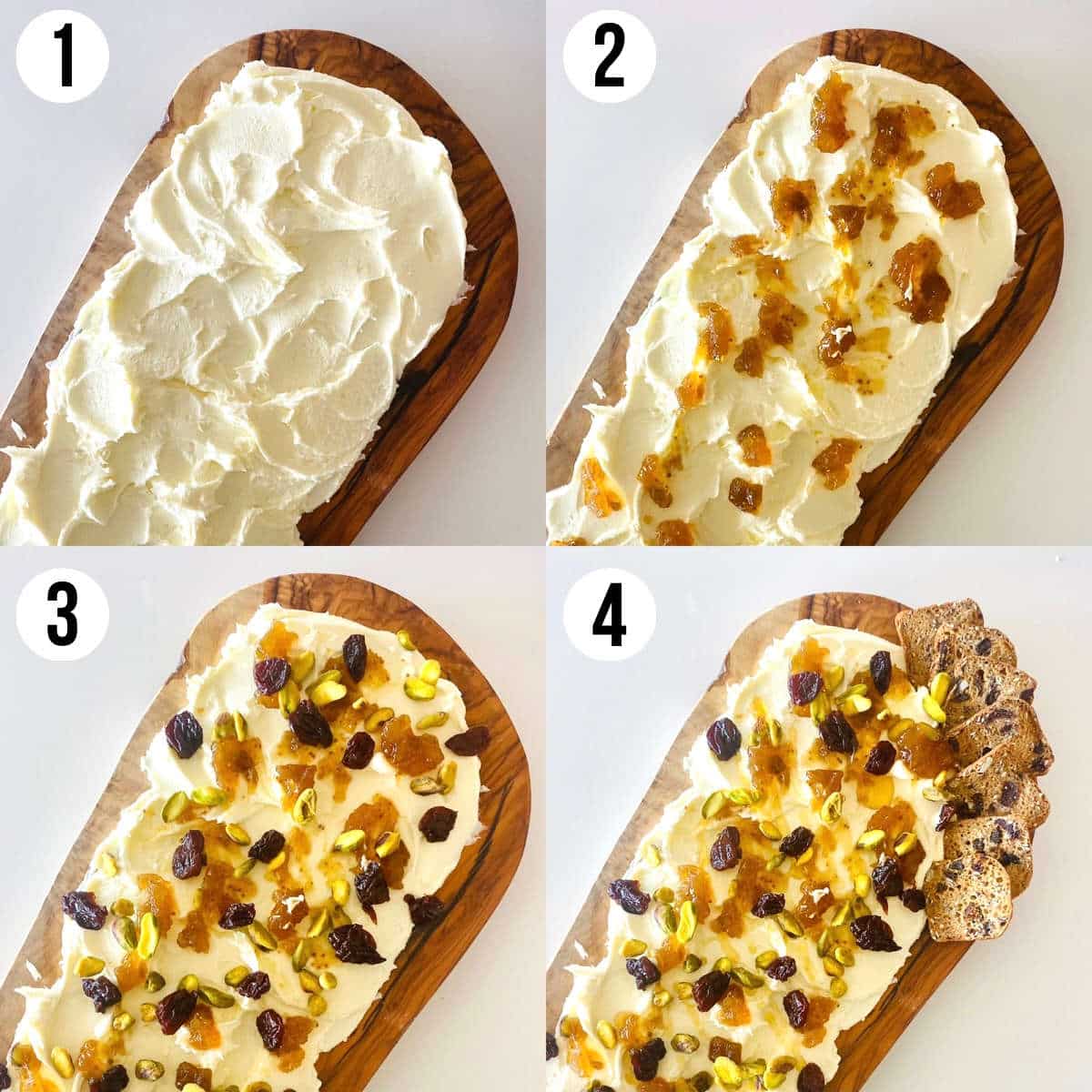 steps 1 through 4 on how to make butter board recipe with mascarpone cheese.