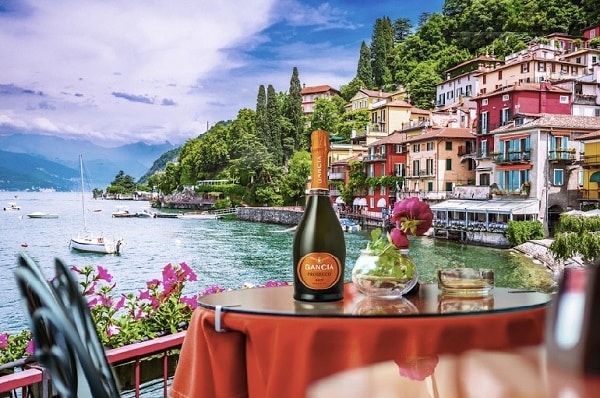 gancia sparkling wine with a background of italy