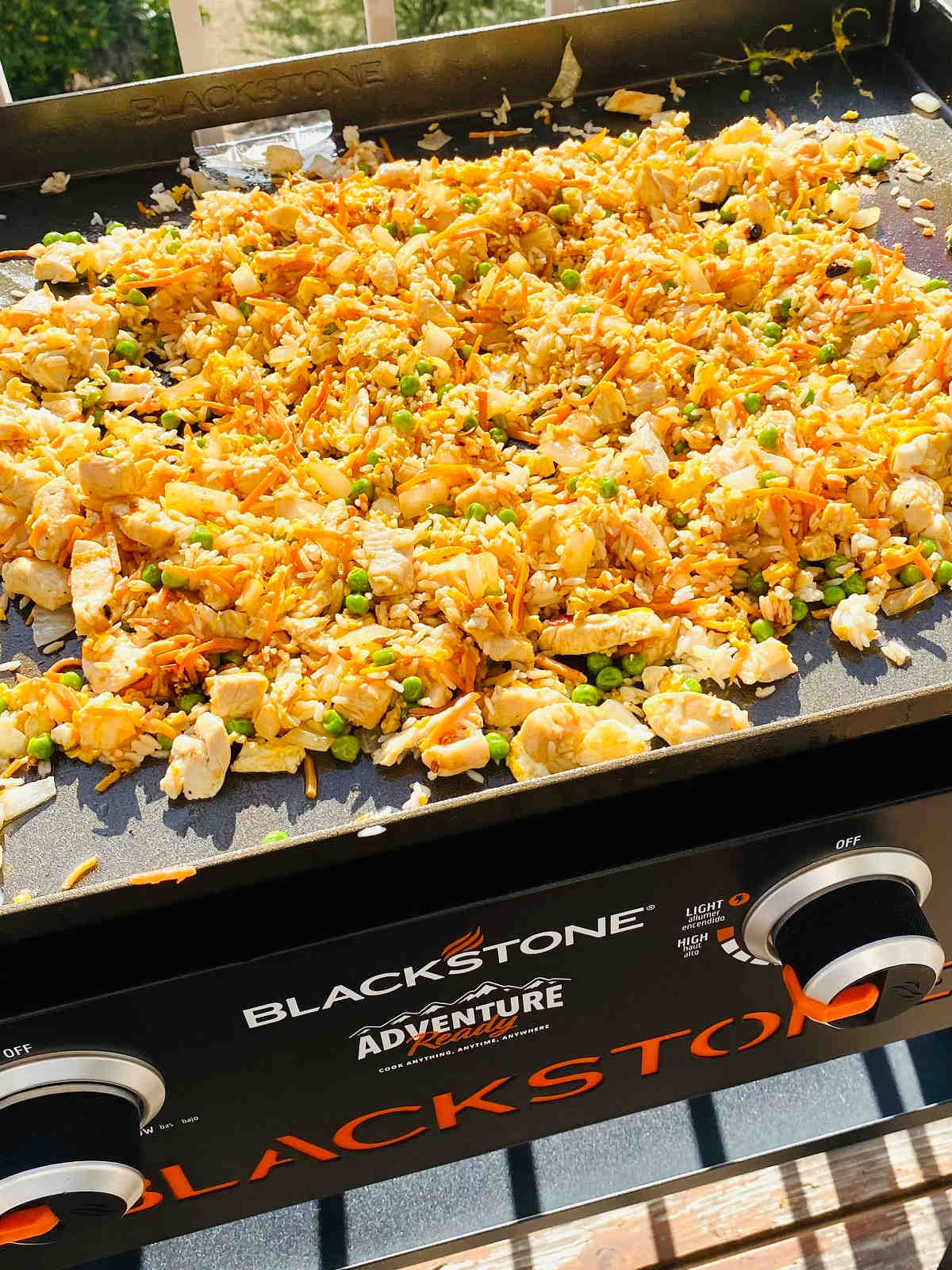 blackstone fried rice on flat top cooking.