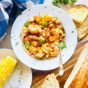 shrimp and corn bisque recipe in a dish surrounded by crusty toasted bread and garnished with jalapeno and bacon.